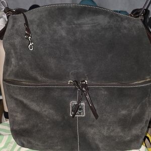 Dooney & Bourke Dark Gray Suede Shoulder Bag with Brown Trim